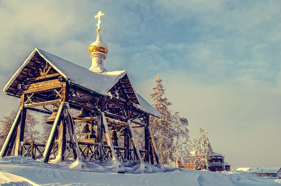 cold, snow, wood, landscape, architecture, bells, building, daylight HD wallpaper