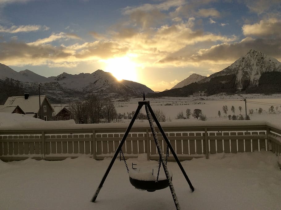 sunset, winter, mountain, clouds, sky, bålpanne, terrace, towards the light HD wallpaper