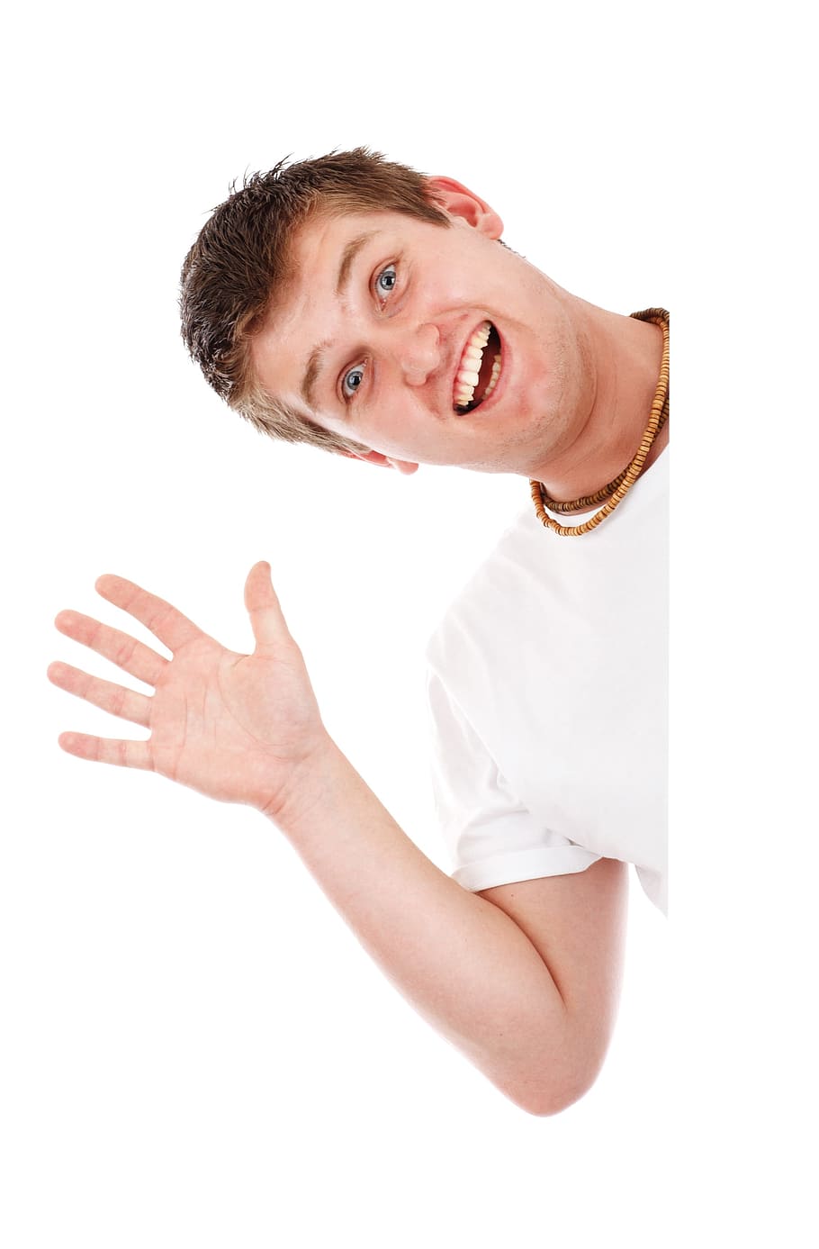 man in white crew neck shirt doing greeting gesture, advert HD wallpaper