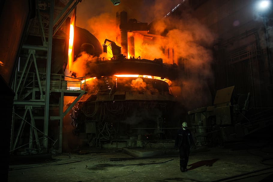 turned-on black industrial machine, industry, steel, iron, blast furnace