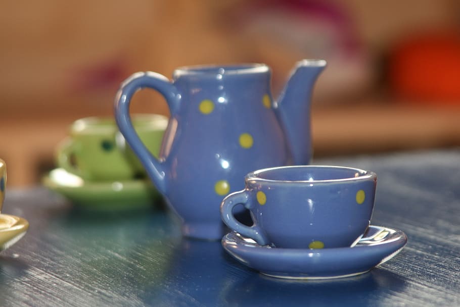 macro shot photography of blue ceramic teapot and teacup, children HD wallpaper