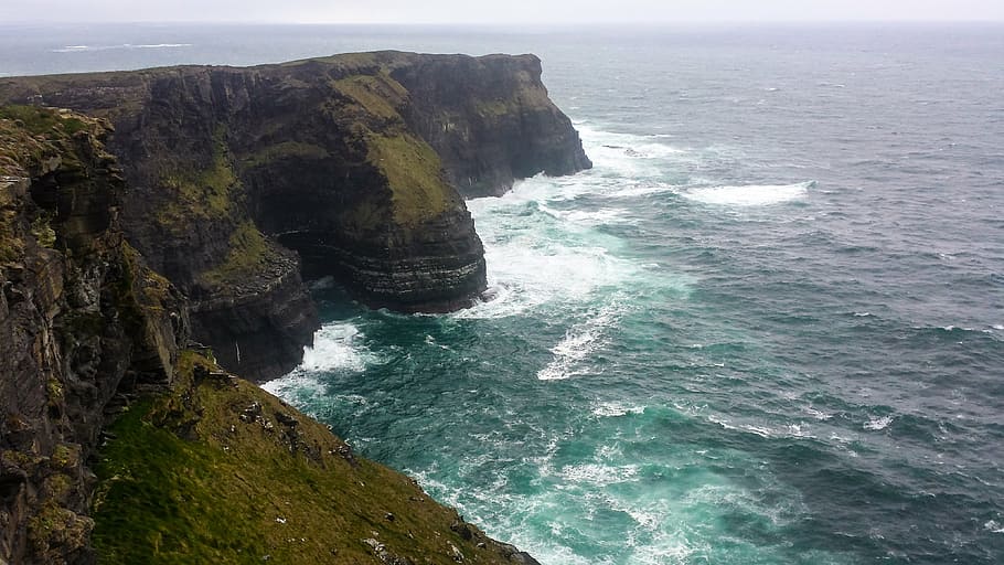 photography of plateau near body of water, ireland, galway, the cliffs of moher, HD wallpaper