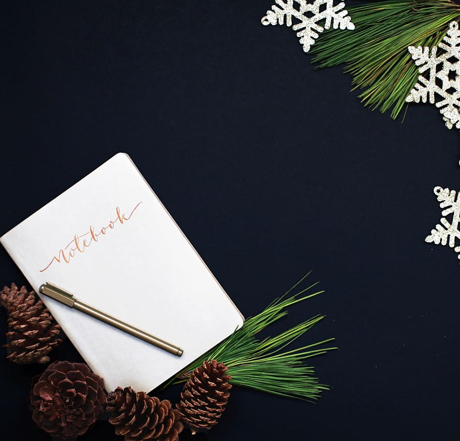 Gray Pen on Notebook, christmas decoration, close-up, desk, flatlay, HD wallpaper
