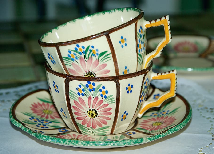 cup, earthenware, quimper, saucer, brittany, mug, pattern, floral pattern HD wallpaper