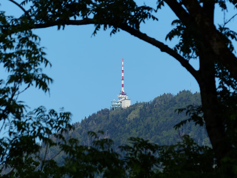 transmission tower, transmitting antenna, mountain, radio, watch tv, HD wallpaper