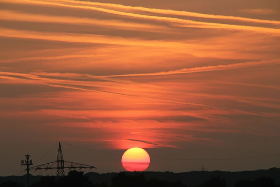 sunset, current, clouds, sky, power line, power poles, power supply HD wallpaper