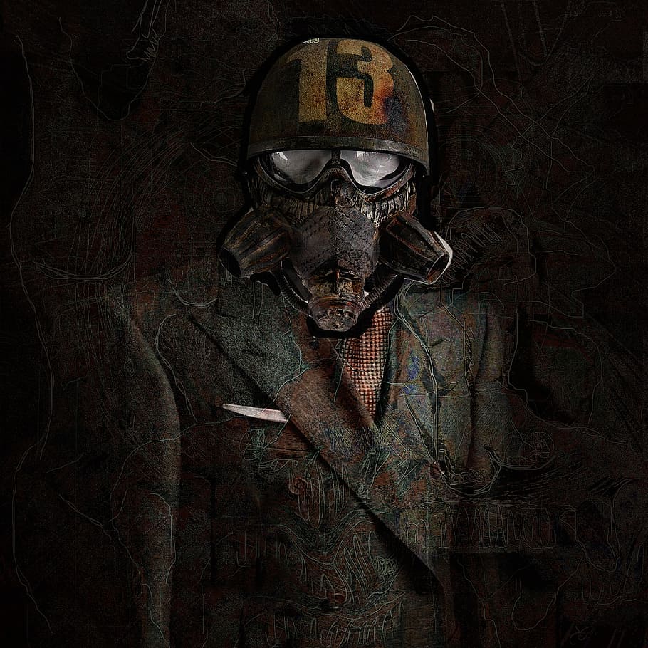 suit, helm, man, mask, gas mask, indoors, representation, one person HD wallpaper