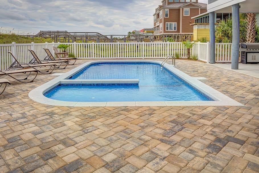 white swimming pool, tile, architecture, home, design, leisure HD wallpaper