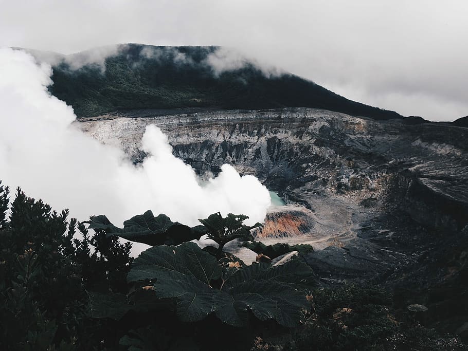 aerial photography of gray mountain with smoke, scenery of a volcano HD wallpaper