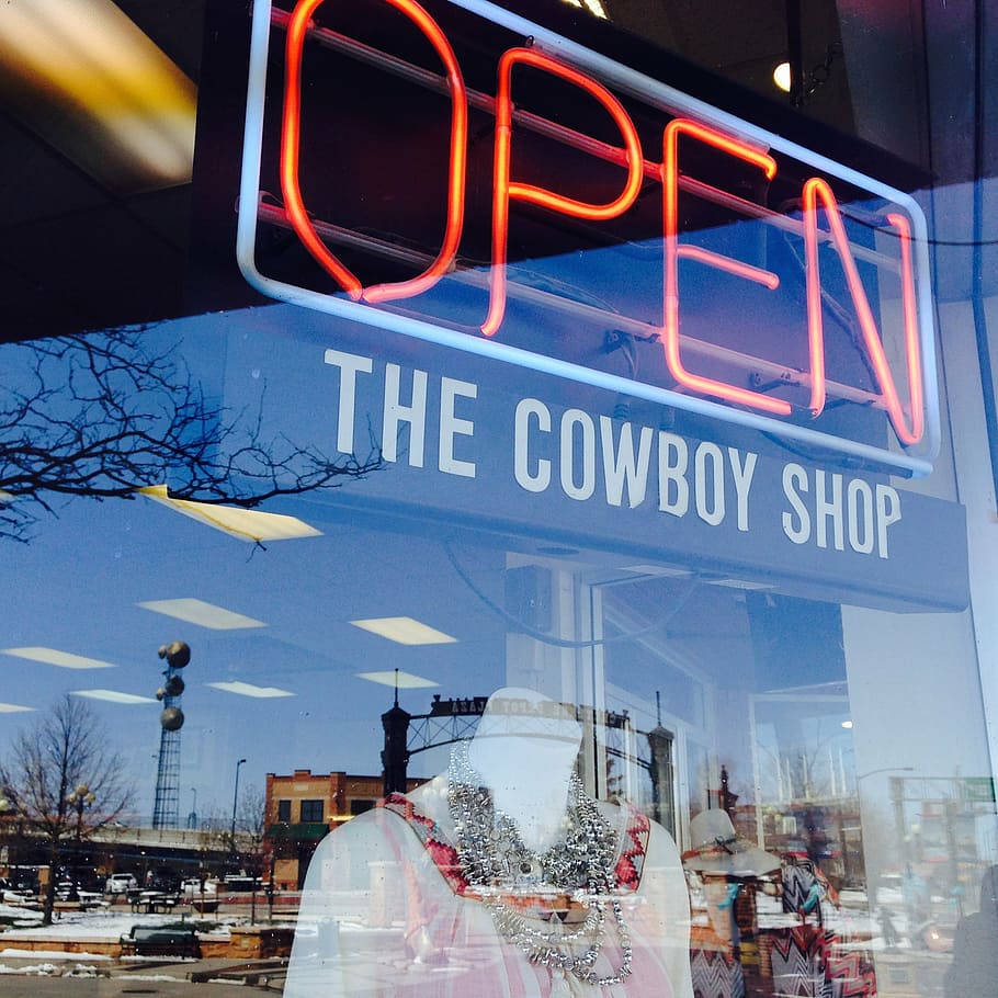 cowboy store, cheyenne, wy, neon, open, neon sign, text, city