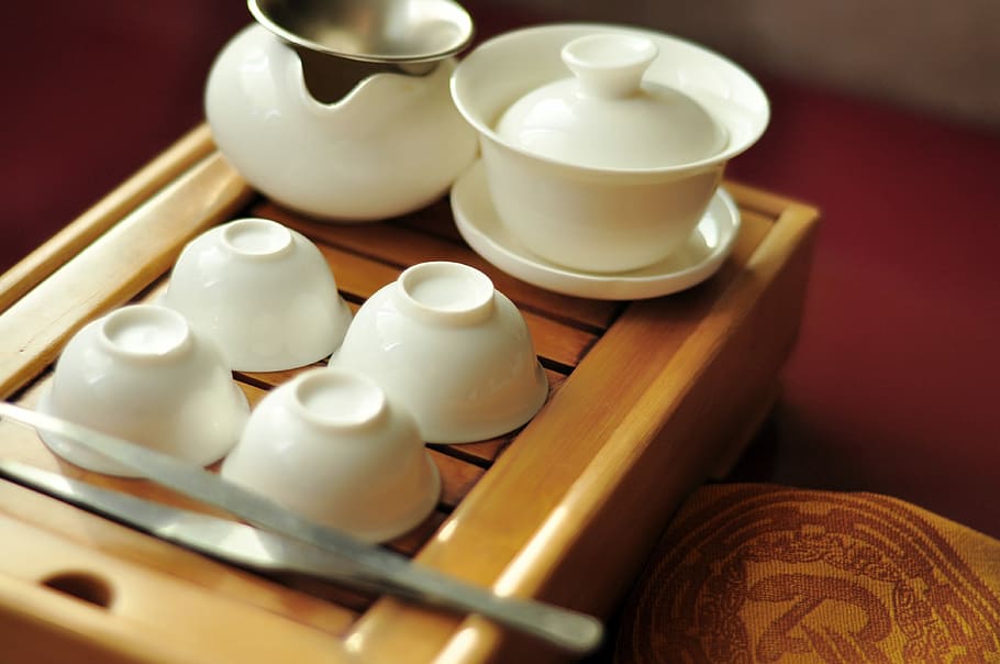 A cup of Tea?, white ceramic bowls on brown wooden tray, tea set HD wallpaper