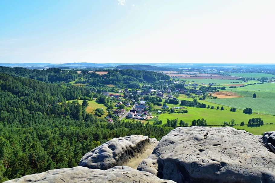 rocks, view, landscape, top, field, forest, the green trees HD wallpaper