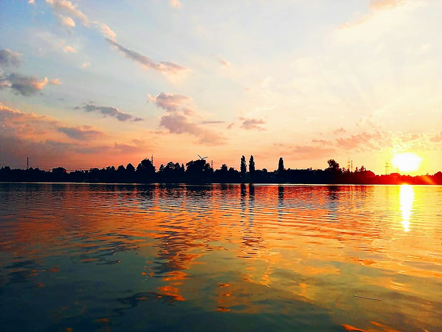lake, west, sunset, the sun, sky, clouds, water, summer, panorama HD wallpaper