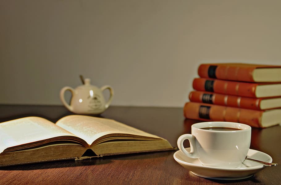 photo of white ceramic mug with saucer, coffee, book, reading HD wallpaper