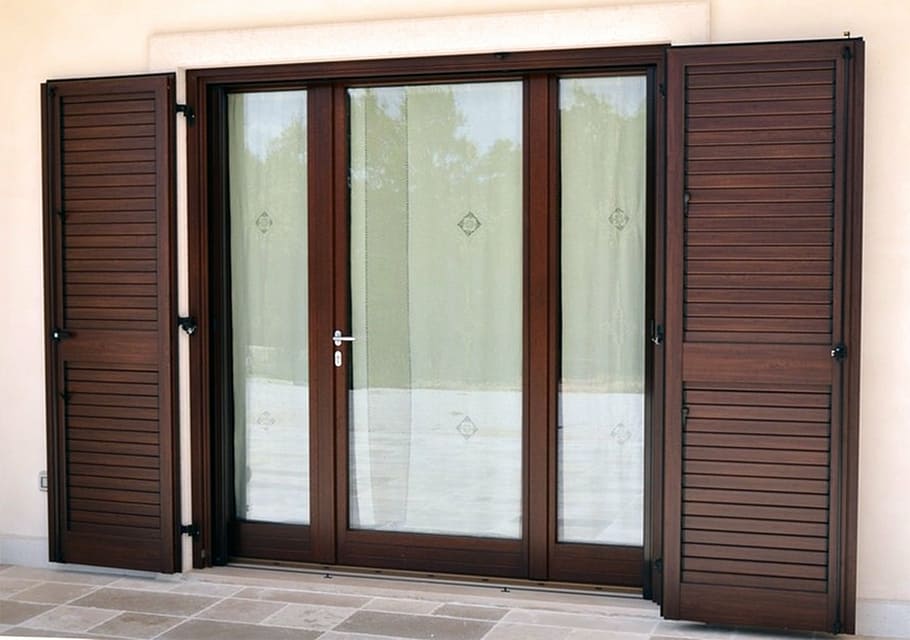 opened louvered door, window, windows, wood, glass, door handle HD wallpaper