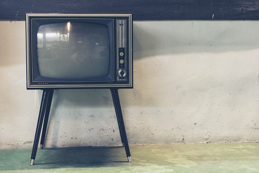 black CRT TV, sharp, television, vintage, wall, technology, television set