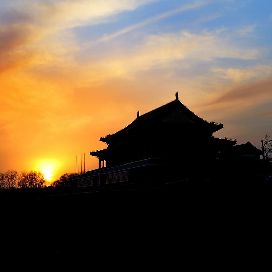 the national palace museum, temple, beijing, sunset, sky, architecture, HD wallpaper