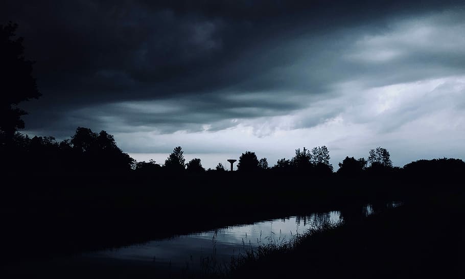 landscape photo of body of water between trees, silhouette photography of trees and river HD wallpaper