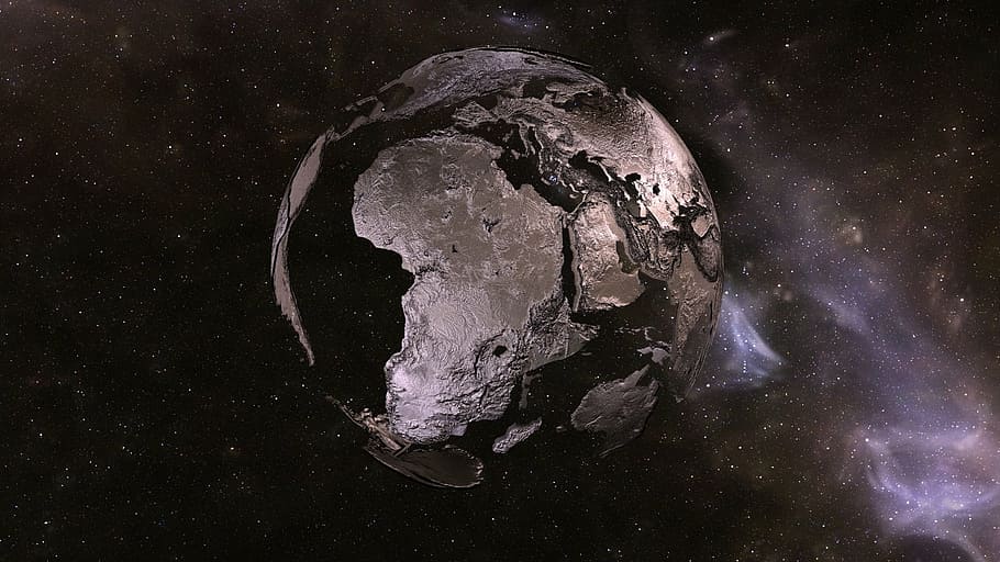 silver planet painting, earth, land, space, universe, continents HD wallpaper