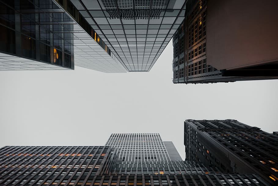 bottom photography of high-rise buildings during daytime, high rise buildings under white sky HD wallpaper