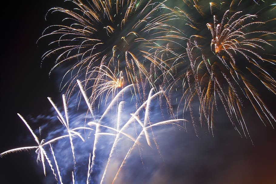 low-angle view of fireworks, finale, white, festive, festivity HD wallpaper