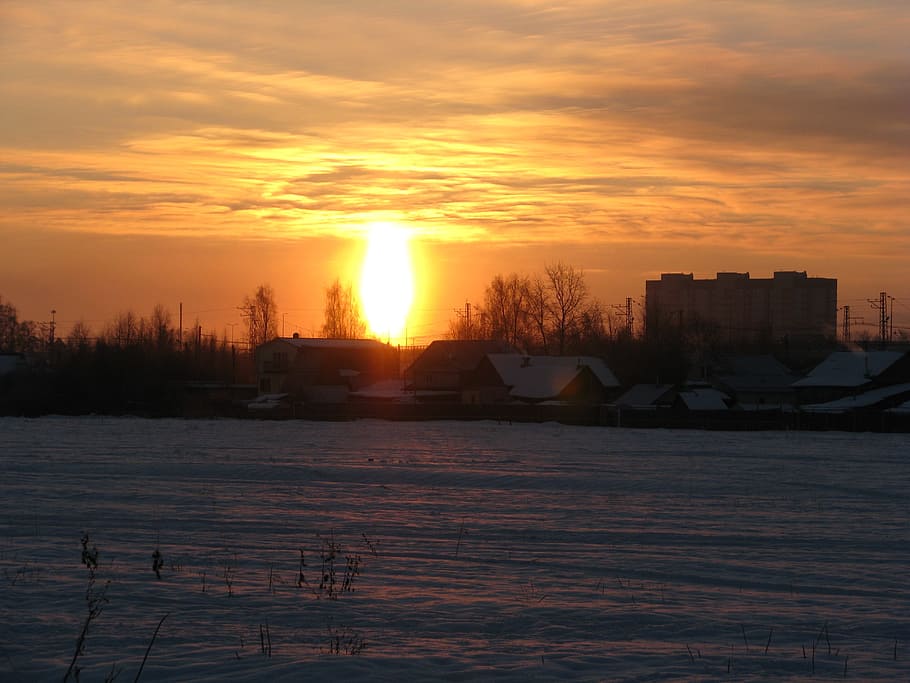 sunset, winter, snow, evening, cold, landscape, silence, sky HD wallpaper
