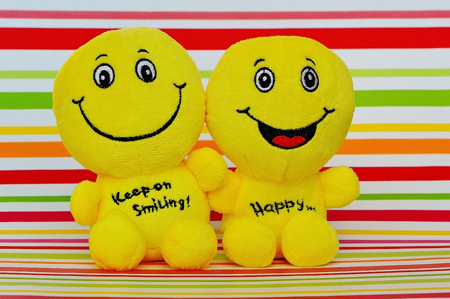 two yellow emoji plush toys, Smilies, Laugh, Emoticon, Emotion