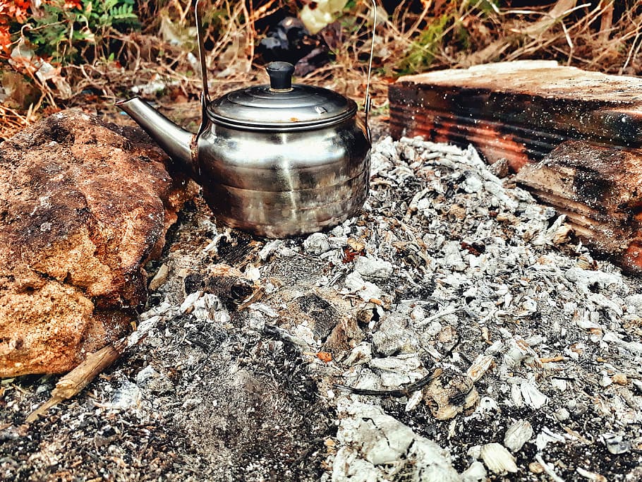 have a cup of a tea, gray steel kettle on charcoal, teapot, fire HD wallpaper