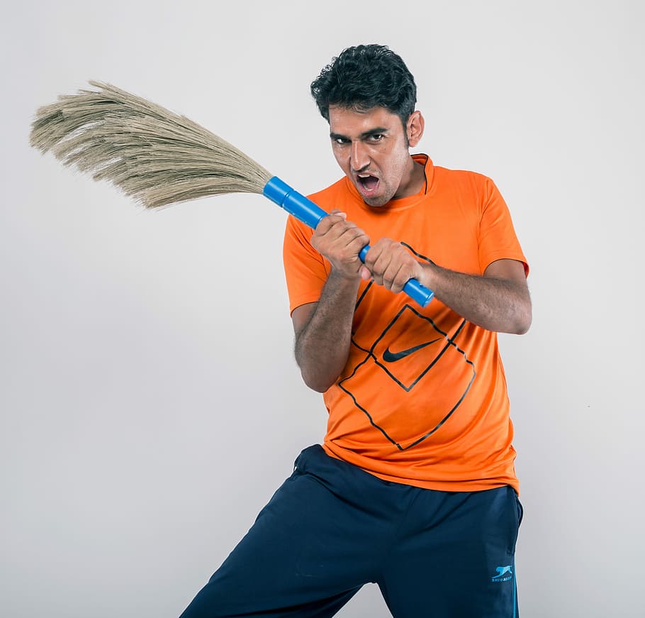 Man, Clean, Indian, Asian, Fight, Ready, power, broom, active