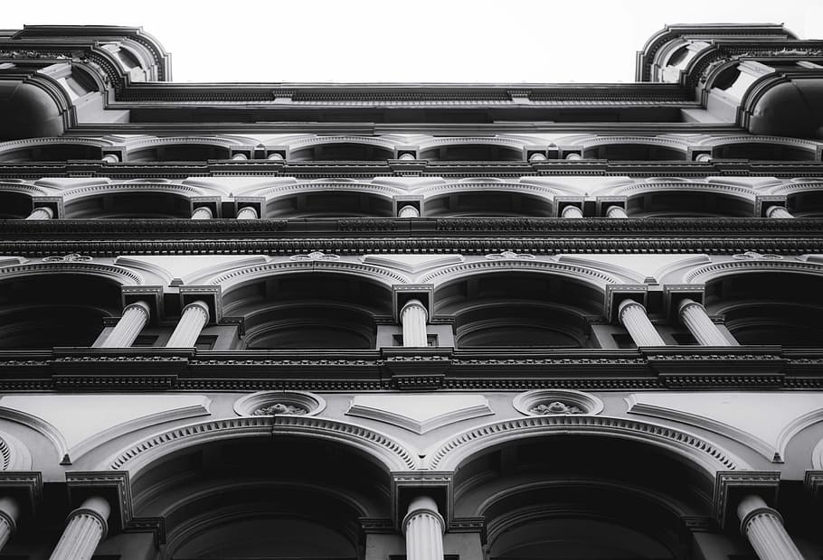 low angle view of baroque building in grayscale photo, concrete building HD wallpaper