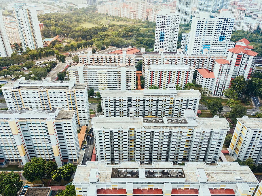 bird's eye view of white residential buildings, aerial photography of high-rise buildings HD wallpaper