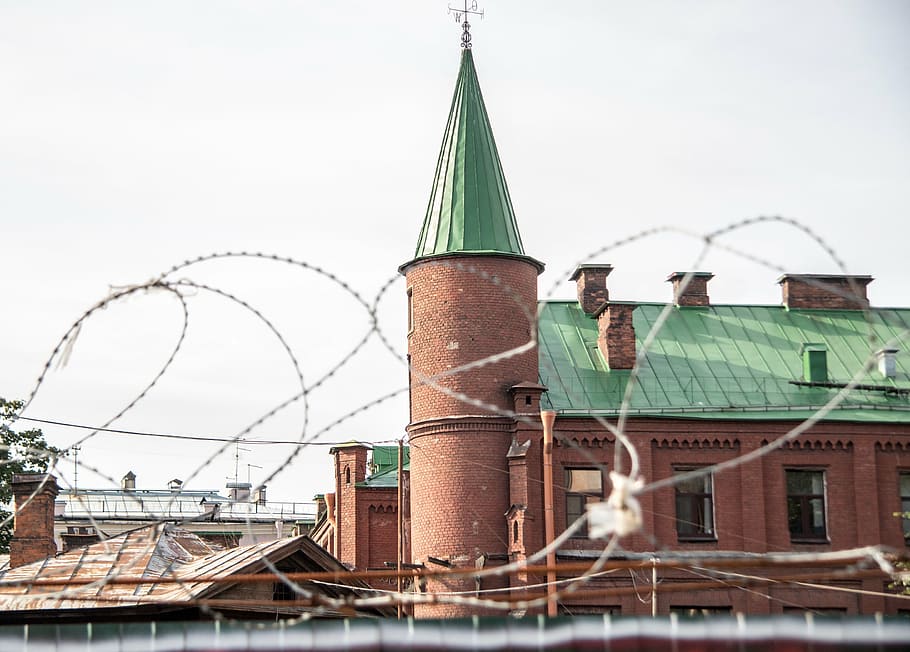 barbed wire, tower, brick, architecture, blue sky, red brick HD wallpaper