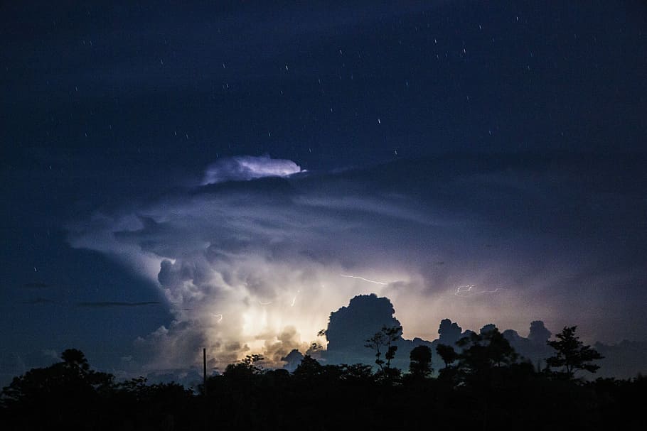 silhouette of trees at nighttime, sky, cloud, landscape, storm HD wallpaper