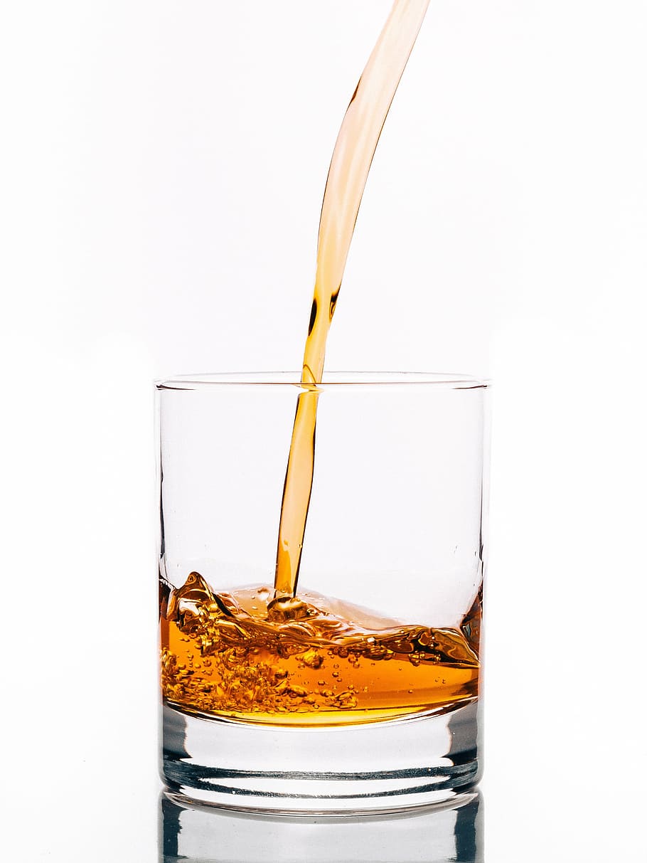 clear shot glass with liquid, alcohol, pouring, whisky, beverage, HD wallpaper
