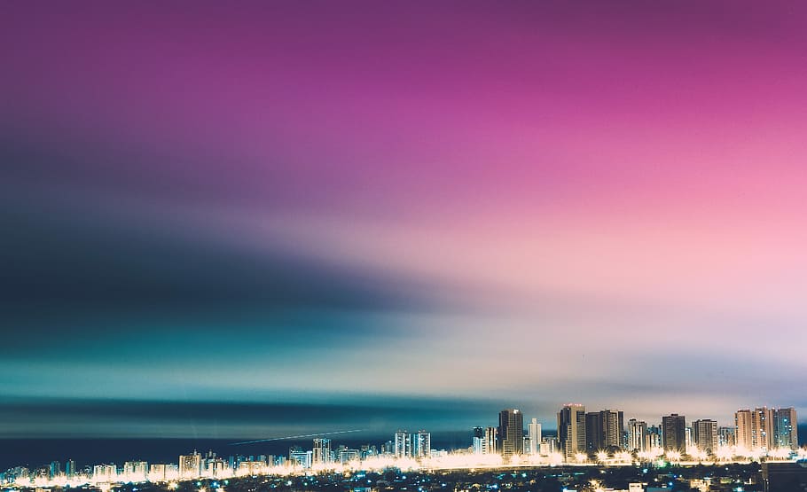 city buildings and purple and blue sky, skyline, light, pink HD wallpaper