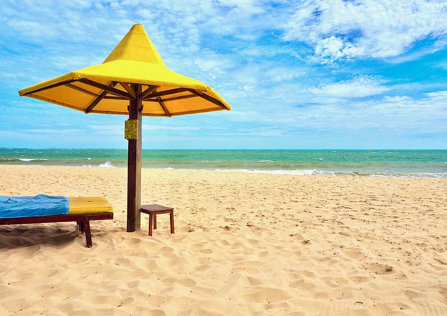 yellow umbrella on seashore, sand, beach, sun, ocean, land HD wallpaper