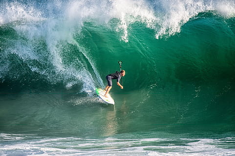 man on surfboard with wave, surfer, surfing, water, ocean, young HD wallpaper