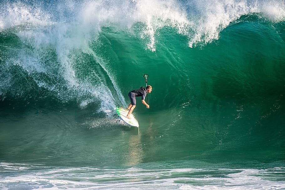 man on surfboard with wave, surfer, surfing, water, ocean, young HD wallpaper