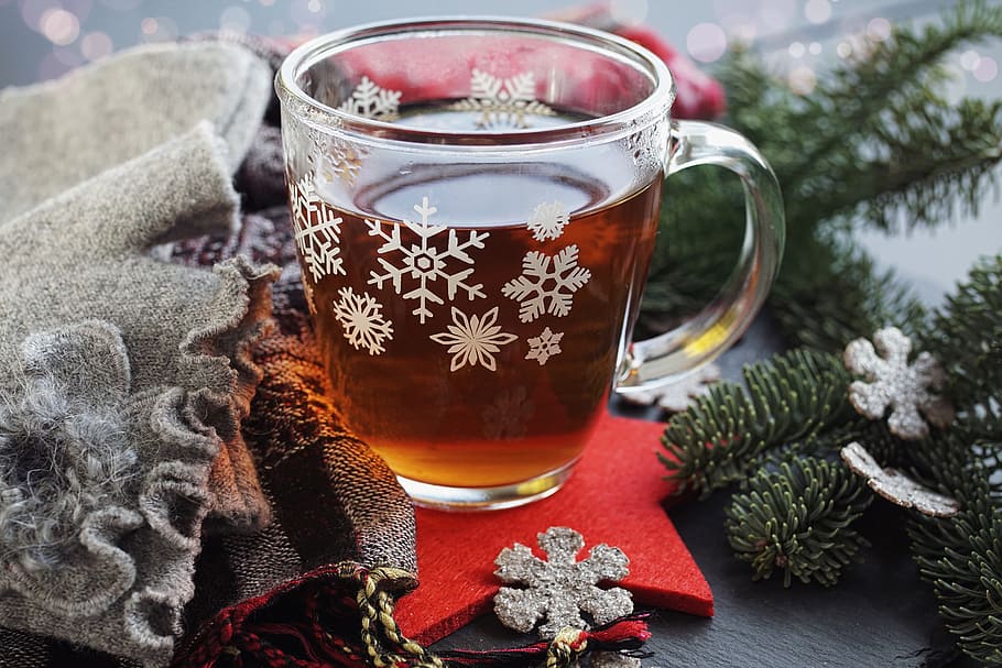 glass mug filled with liquid on red star decor, advent, winter HD wallpaper