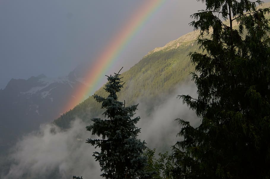 rainbow over green mountain at day, chamonix, sky, nature, beauty in nature HD wallpaper
