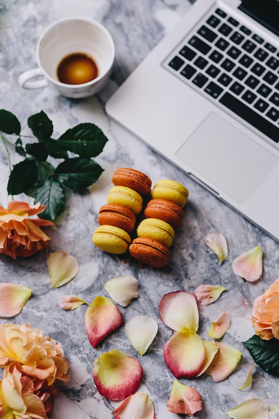 Overhead view of macarons on a marble slab, roses, workspace HD wallpaper
