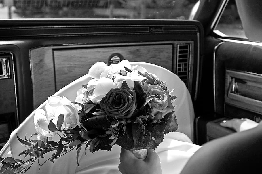 bridal bouquet, bride, wedding, oldtimer, flowers, romantic, HD wallpaper