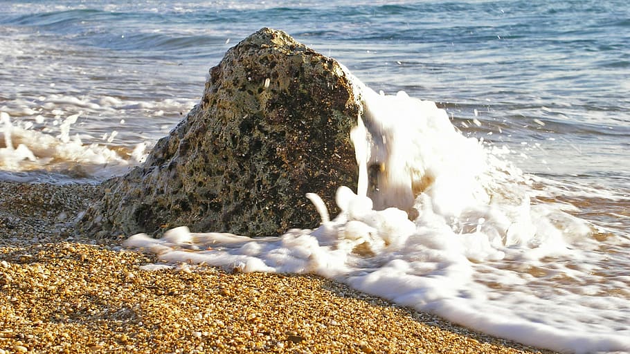 Beach, Sand, Wave, Rock, Beach Sand, edge of the sea, costa HD wallpaper