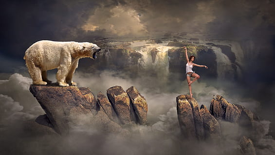 white bear on rock formation and woman standing, fantasy, landscape HD wallpaper