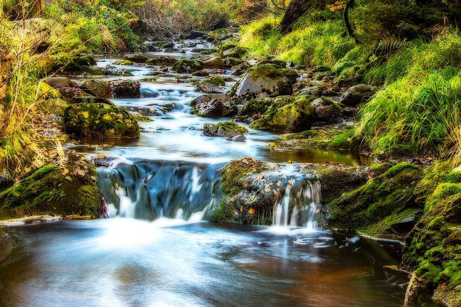 time lapse photography of river surrounded by green grass, water HD wallpaper