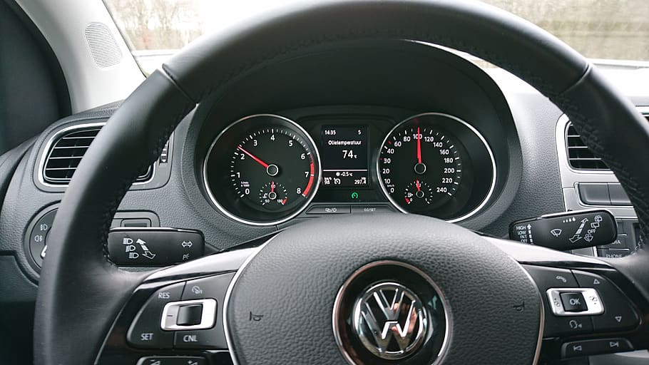 car interior, volkswagen polo, bluemotion, speedometer, highway, HD wallpaper