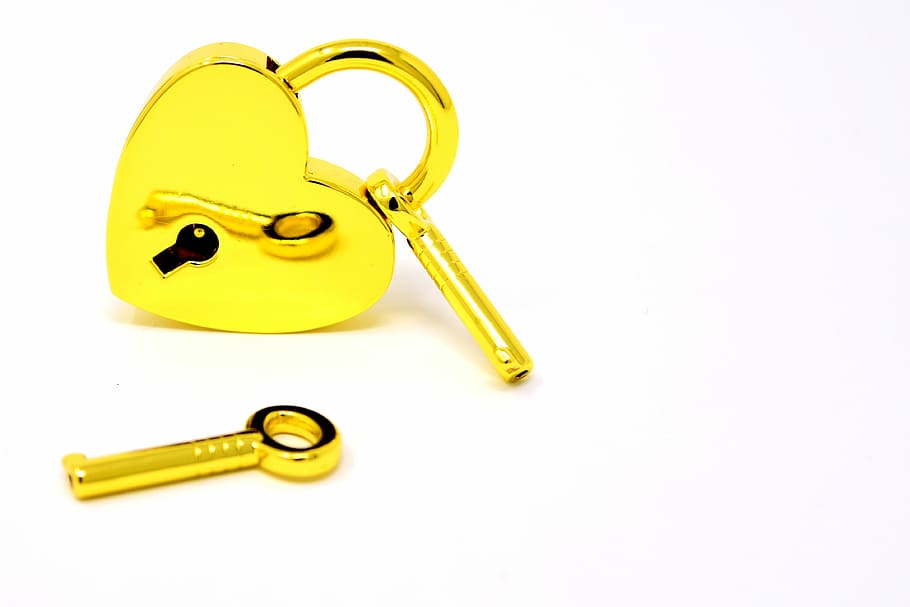 gold padlock with key on white surface, key to the heart, love, HD wallpaper