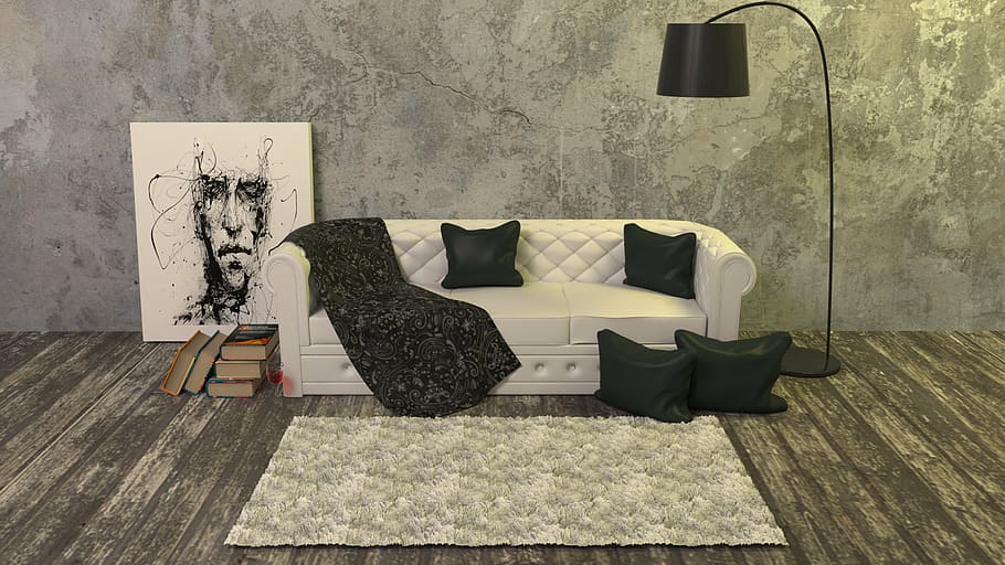 white leather 3-seat sofa with four black pillows beside the black floor lamp, HD wallpaper