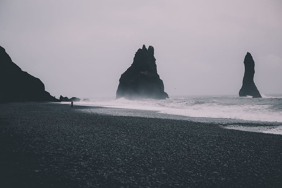 rock, formation, coast, wave, sea, sand, ocean, beach, clouds HD wallpaper