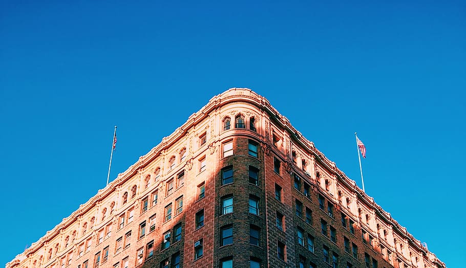 State Theatre, low-angle photography of brown concrete building under blue sky at daytime HD wallpaper